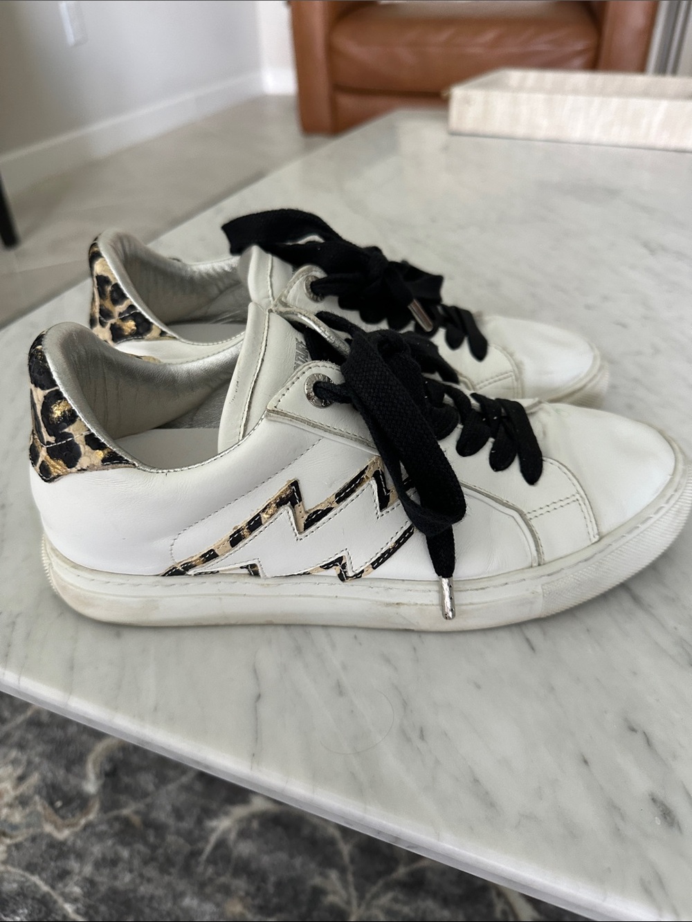 Zadig & Voltaire White Sneakers with Black Laces and Leopard Accents Size 38
